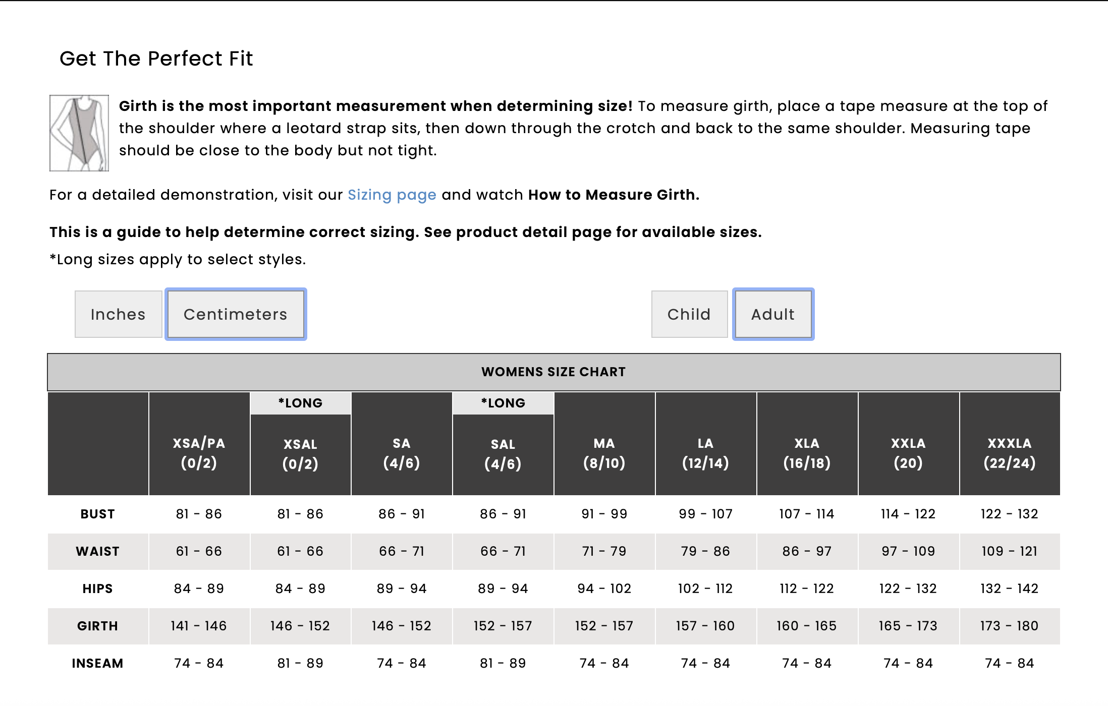Women’s size chart for clothing, including measurements for bust, waist, hips, girth, and inseam in centimeters, with buttons for selecting size categories such as inches, centimeters, child, and adult. The chart covers sizes from XSA/PA to XXXLA.