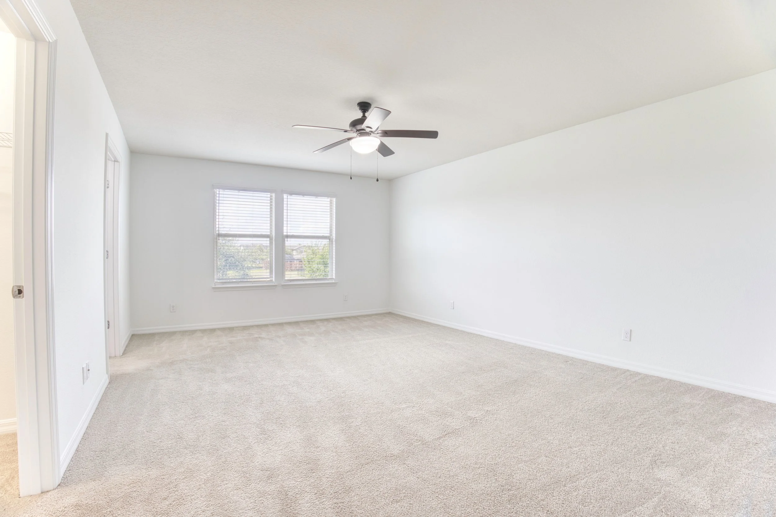 Empty room with beige carpet, white walls, two windows with blinds, ceiling fan with light, and door on the left.