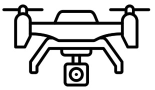 Line drawing of a drone with a camera mounted underneath, facing forward.
