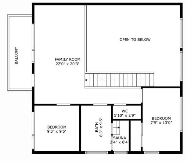 Floor plan of a house's upper level showing a family room, two bedrooms, a bathroom, a sauna, a WC, and a balcony, with an open area below.