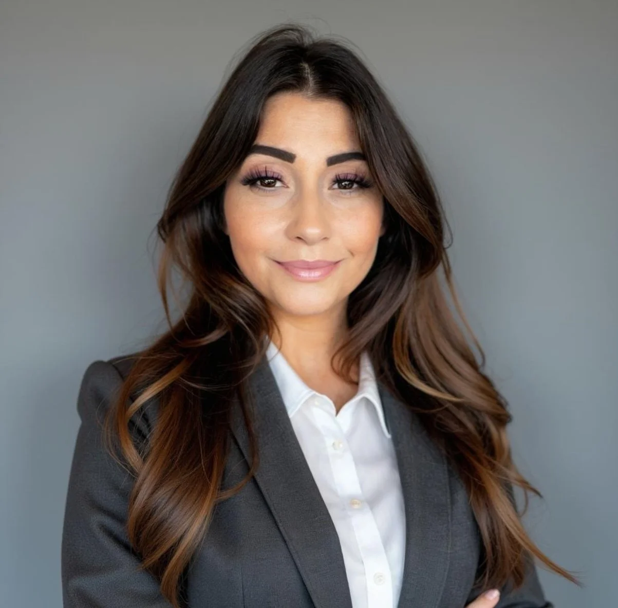 Rebecca, of Spark Society Co., with long, wavy brown hair, wearing a dark blazer and white shirt, smiling, against a plain gray background.