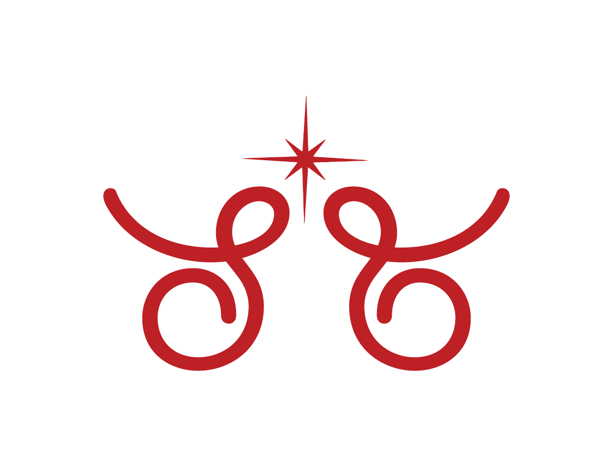 Spark Society Co. monogram logo with red swirling S letters facing one another with a red star at the top center against a black background.