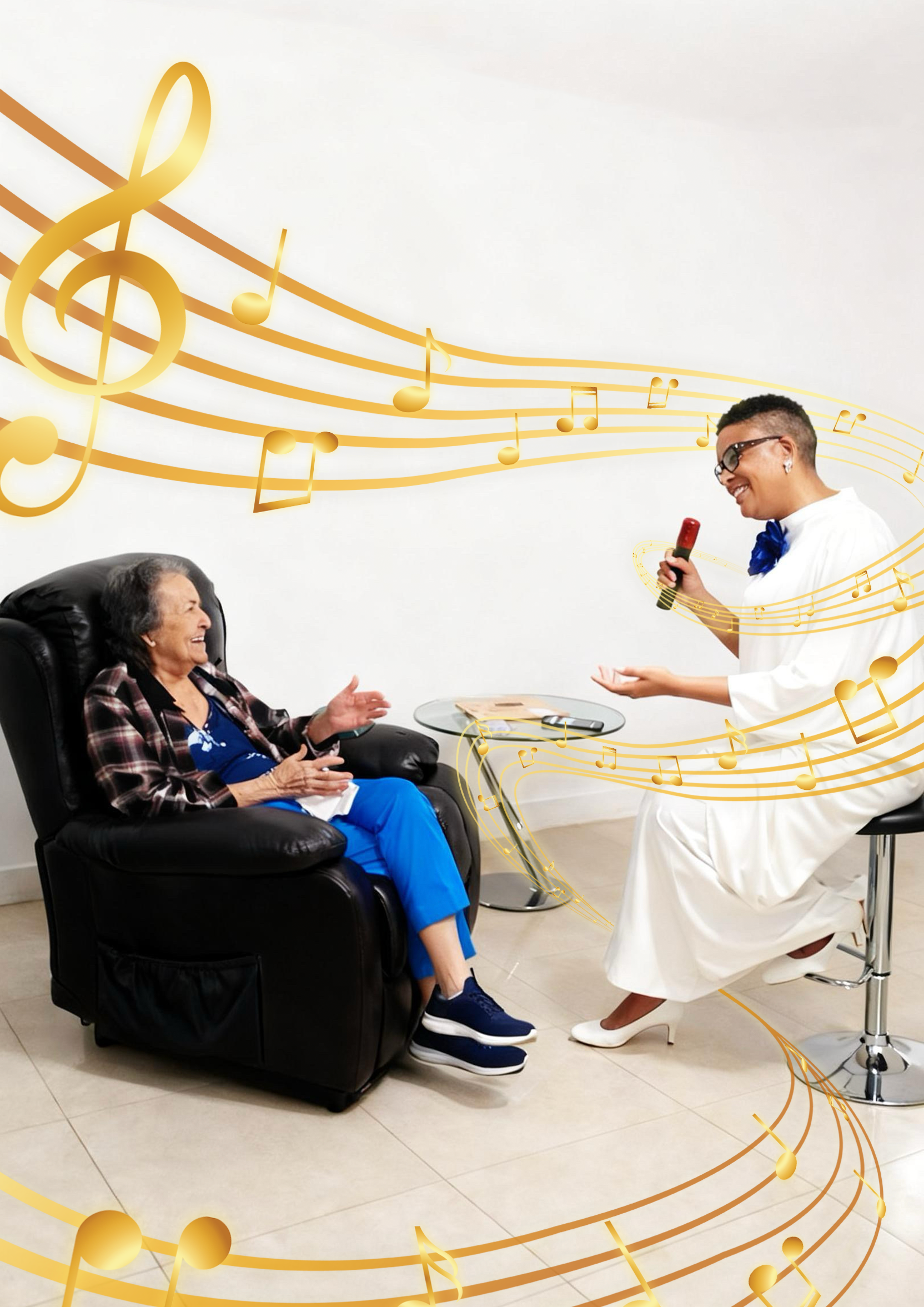 A young woman dressed as a singer with a microphone, performing for a smiling elderly woman seated in a black armchair, with musical notes and staff graphics in the background.