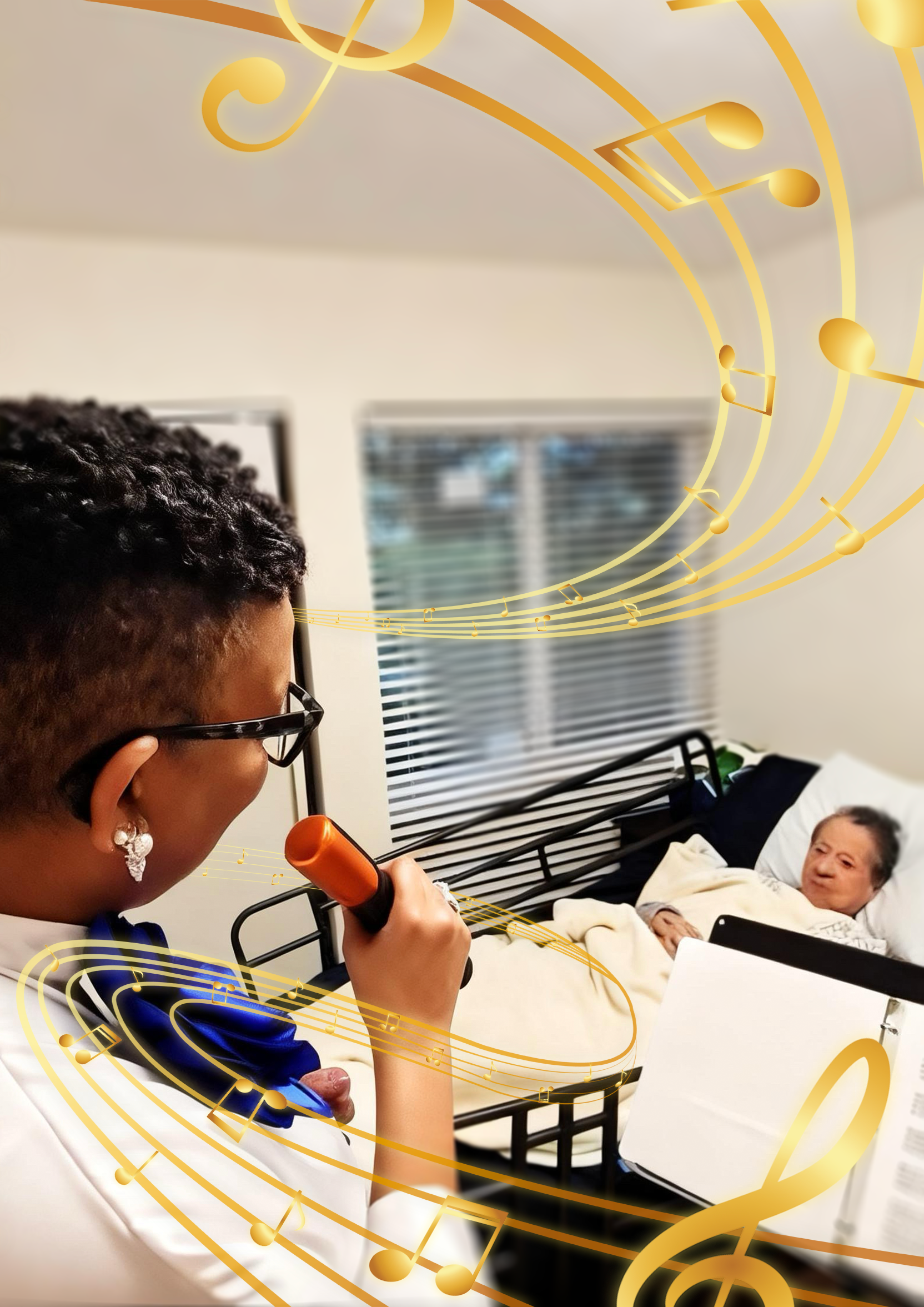 A woman singing into a flashlight microphone in front of an elderly woman lying in a hospital bed, with decorative musical notes surrounding them.