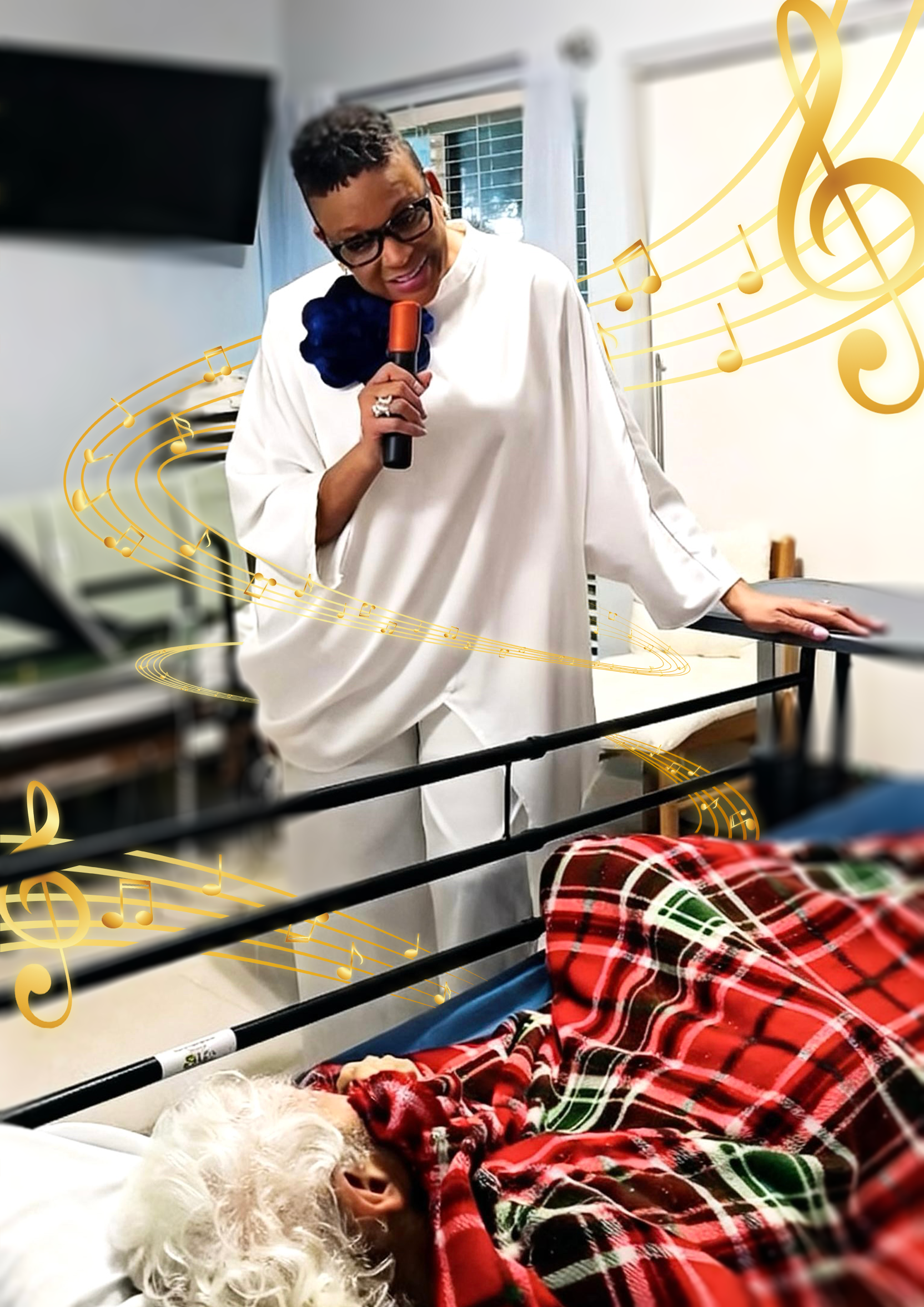 A person singing into a microphone, wearing glasses and a white gown, standing next to a hospital bed with an elderly person lying under a red plaid blanket. Musical notes are overlaid on the image.