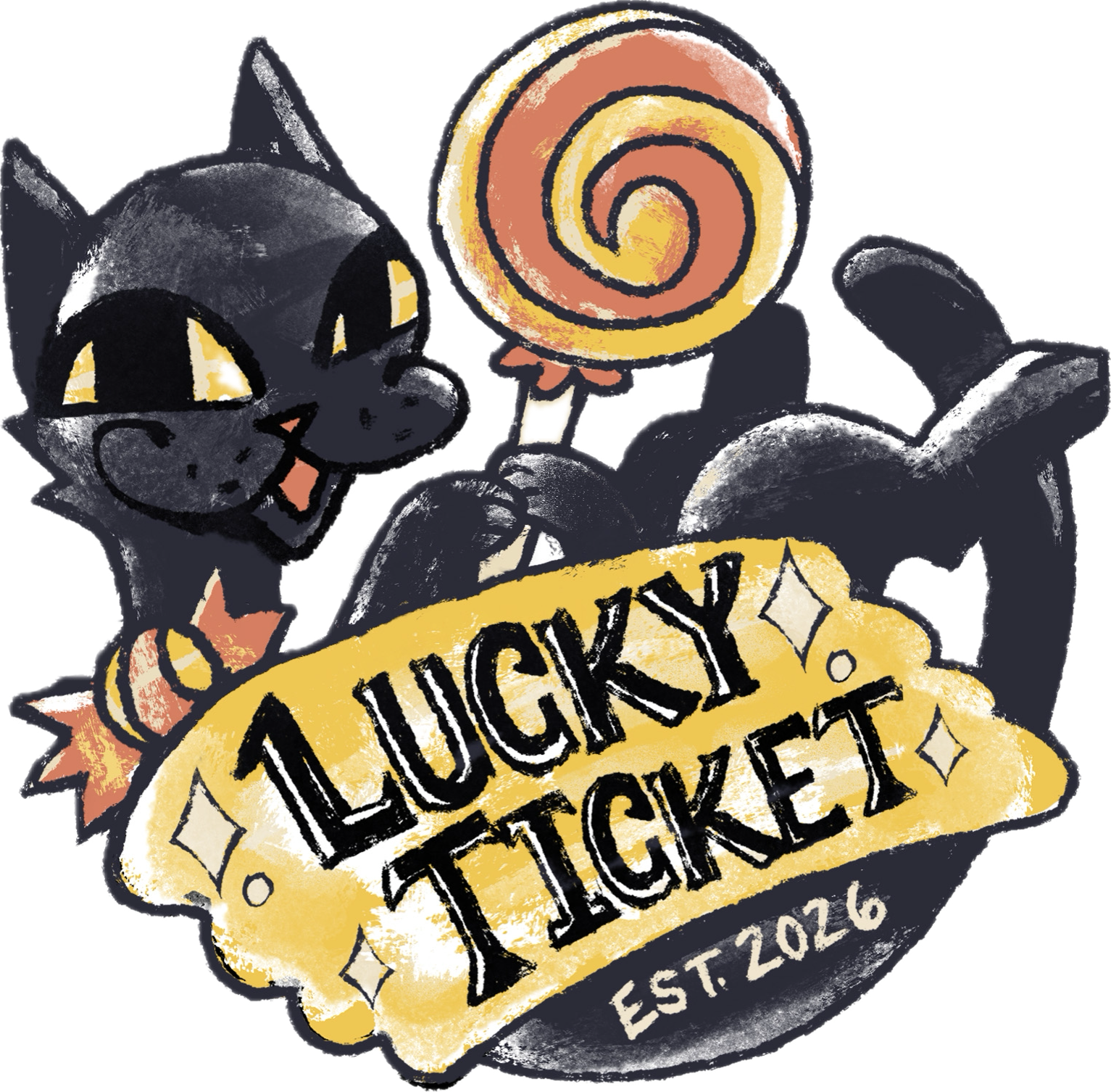 Cartoon style illustration of a black cat holding a large colorful lollipop, sitting beside a banner that says "LUCKY TICKET EST. 2026" with decorative elements.