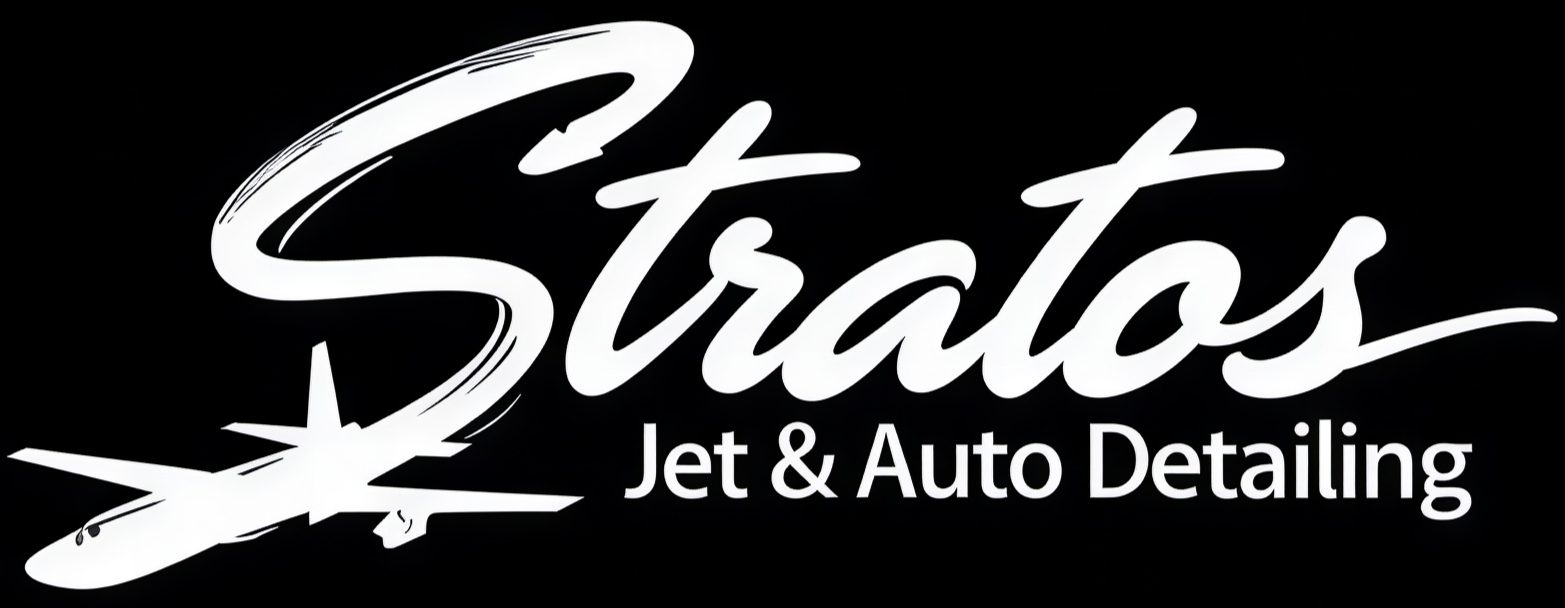 Black background with white cursive text reading "Stratos Jet & Auto Detailing" and a stylized airplane graphic.