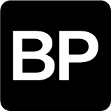 Black background with white capital letters 'BP' in the center.
