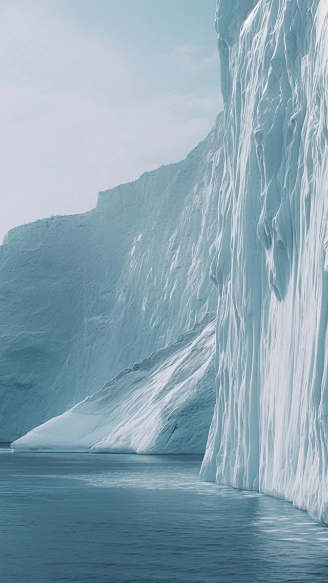 Large iceberg with vertical crevices floating in calm ocean water under a cloudy sky.