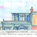 Drawing of a building roof with blue window frames, brick chimney, and yellow walls.