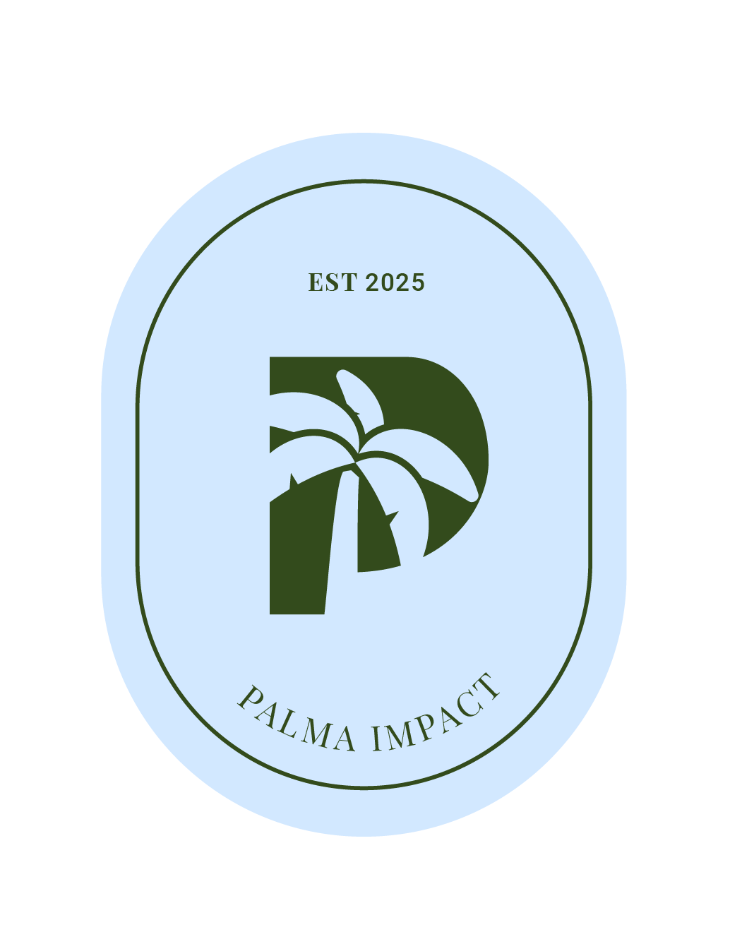 A logo featuring a stylized palm tree with the text 'EST 2025' above and 'PALMA IMPACT' below, on a light blue background with green border.