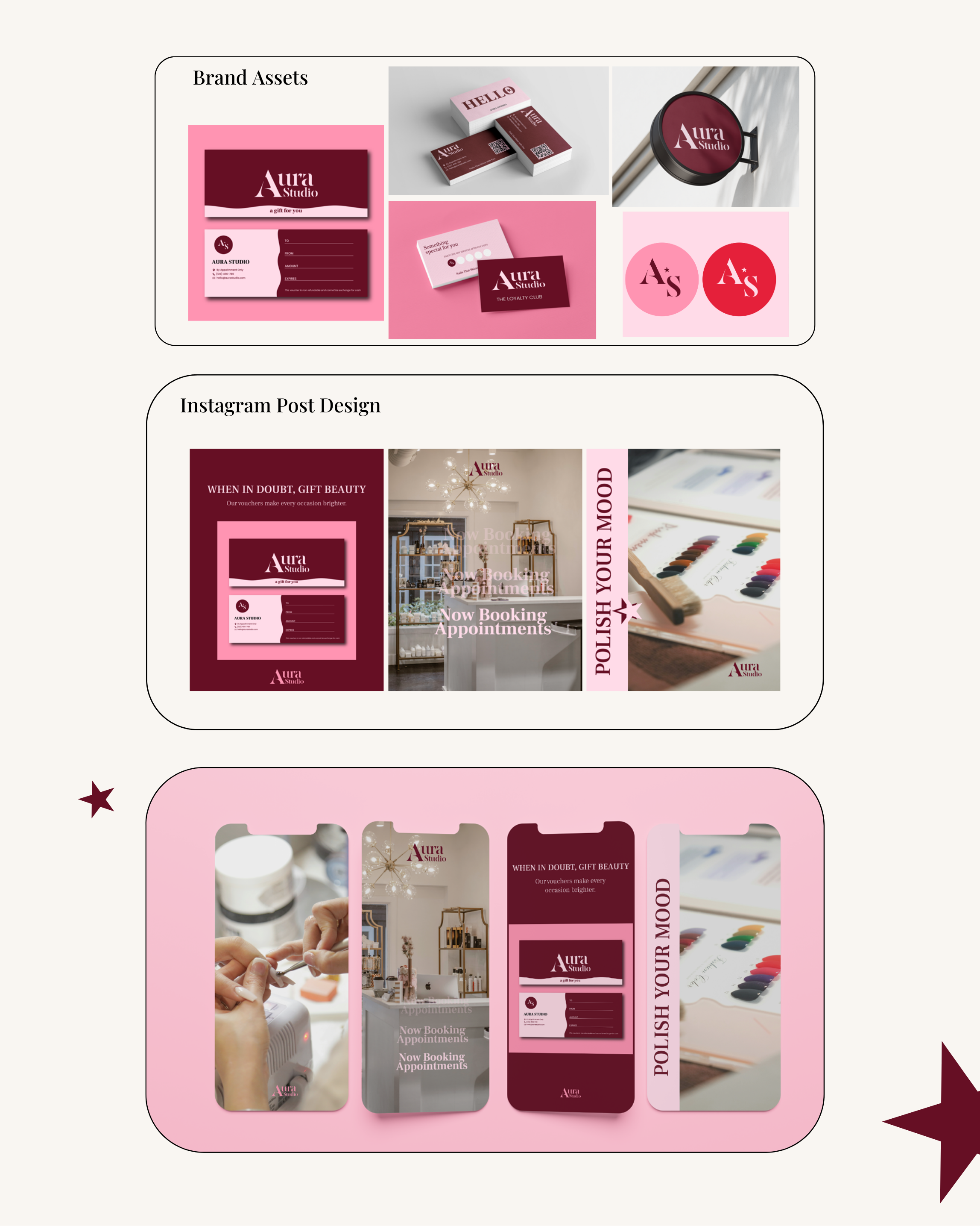 A collage of branding materials for Aura Studio, including business cards, signage, and promotional graphics with pink and burgundy color schemes and stylish typography.