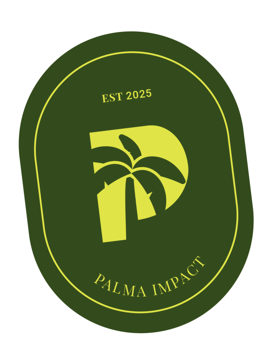 A green and yellow logo with a stylized palm tree and the letters 'P' in front of the tree. The text 'EST 2025' is at the top and 'PALMA IMPACT' is curved at the bottom.