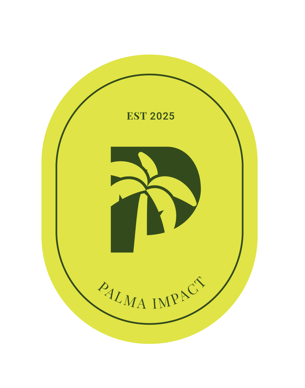 A label with a green and yellow color scheme displaying the Palmer Impact logo, including an abstract 'P' with a palm tree in the middle, and text indicating 'Est 2025' and 'Palm Impact'.