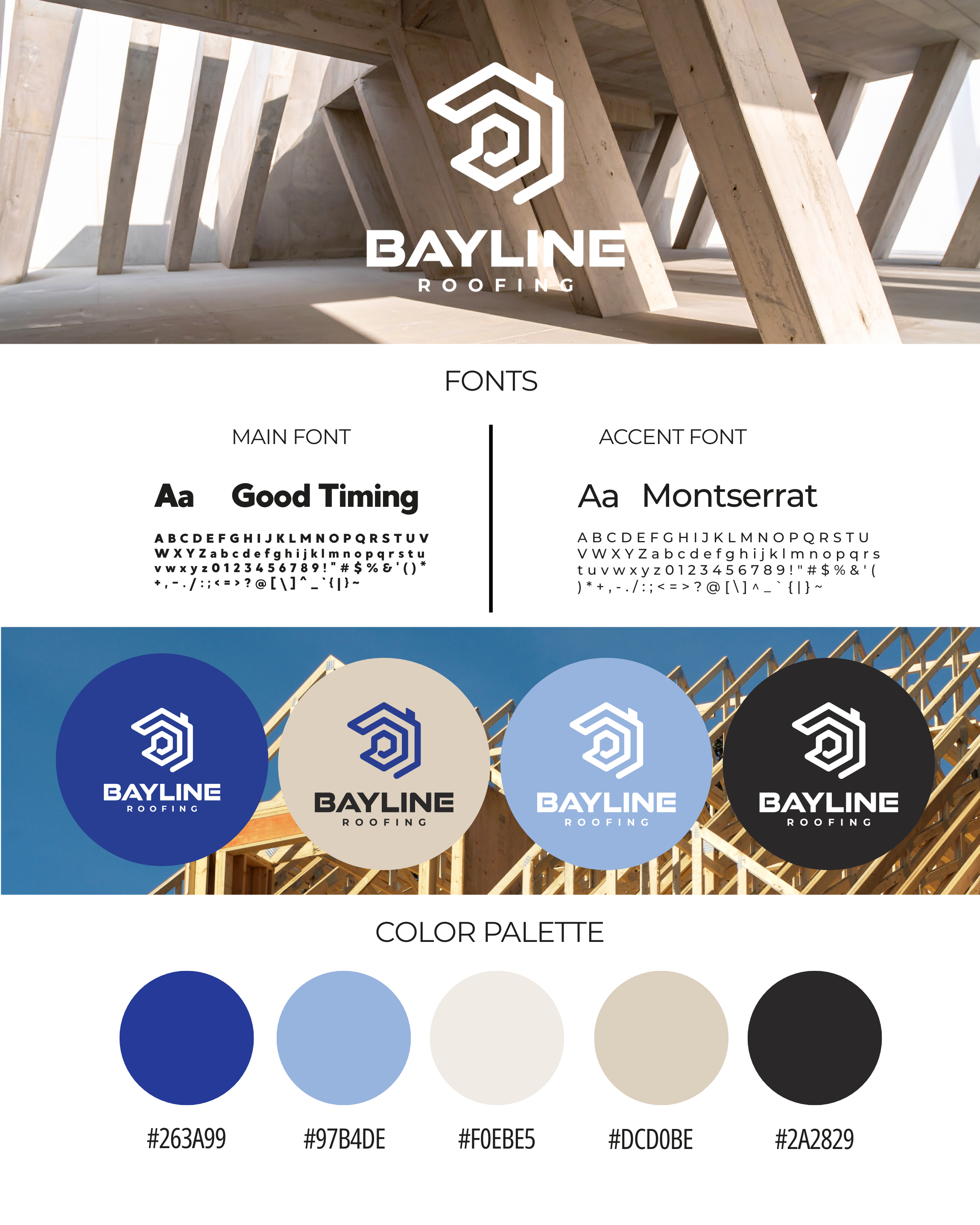 Interior view of a building under construction with wooden framing and structural beams, with a logo overlay for Bayline Roofing, consisting of a stylized hexagonal shape and the company name.