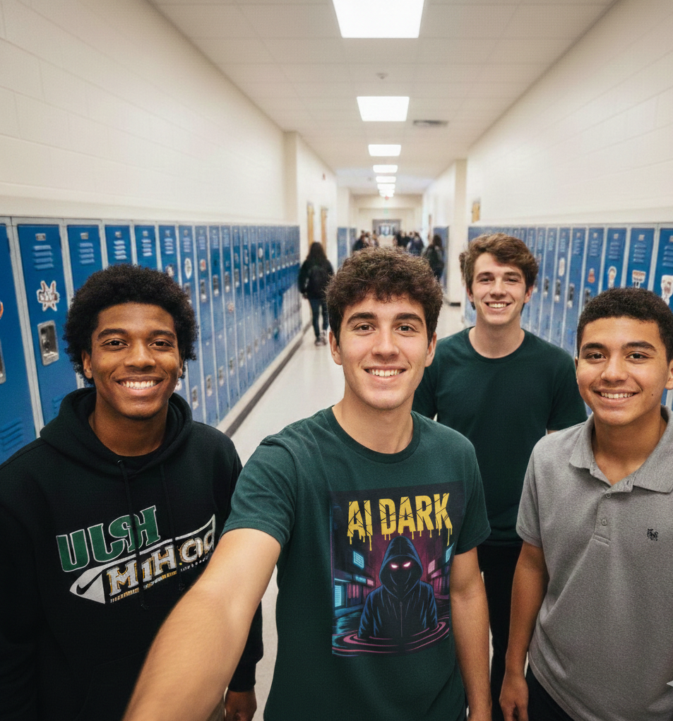 Four teenage boys smiling in a school hallway with blue lockers.
