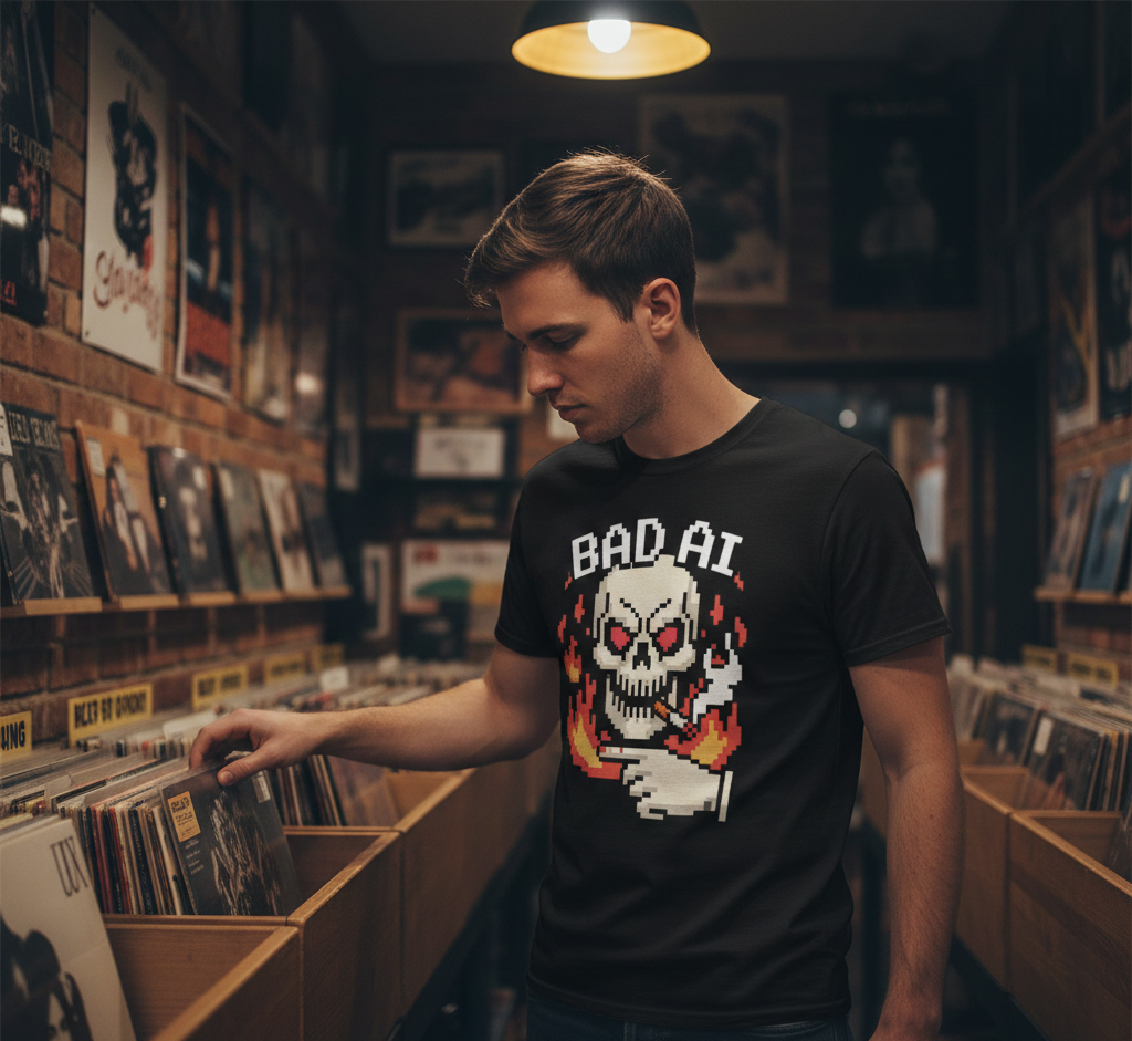 A young man in a black T-shirt with a pixelated skull and flames design and the words "BAD AI" browsing vinyl records in a record store with brick walls and vintage posters.