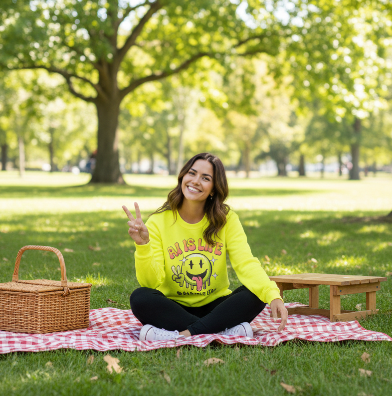 A young woman sitting cross-legged on a red and white checkered picnic blanket in a park, smiling and making a peace sign, with a picnic basket and small wooden table nearby, surrounded by green trees.