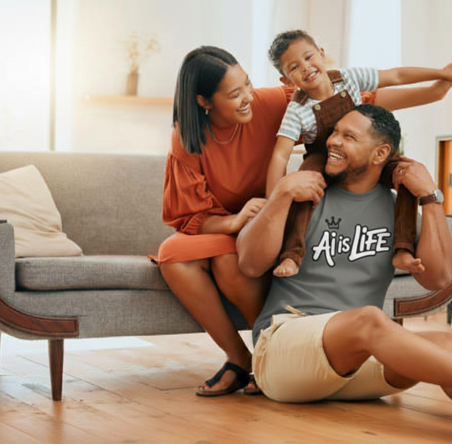 A family of three, a woman, a man, and a young boy, enjoying playful moment at home on a wooden floor with a sofa in the background. The woman and the boy are smiling and interacting with the man who is sitting on the floor with a shirt that says 'A 