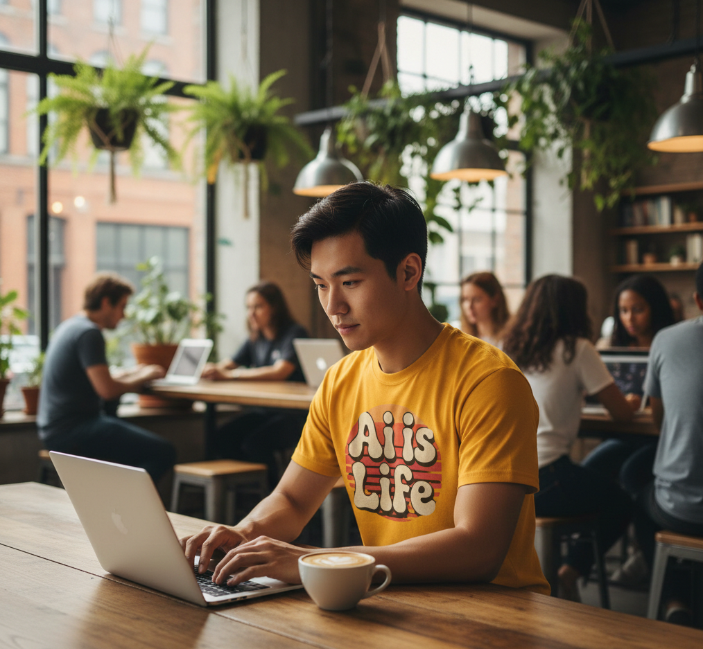 Young man working on a laptop in a modern coffee shop with large windows and hanging plants.