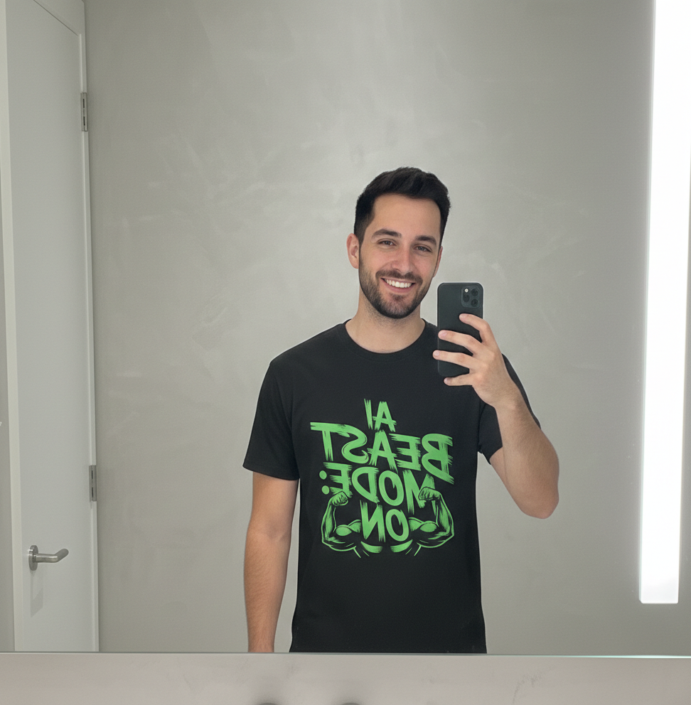 A young man taking a mirror selfie indoors, smiling, wearing a black T-shirt with green text and muscular arms graphic.