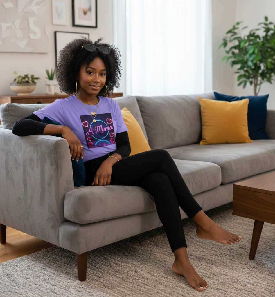 A woman sitting on a light gray sofa in a living room, wearing a purple T-shirt with a neon sign design and the words 'A la Mama', black pants, and glasses on her head. She is barefoot and smiling.