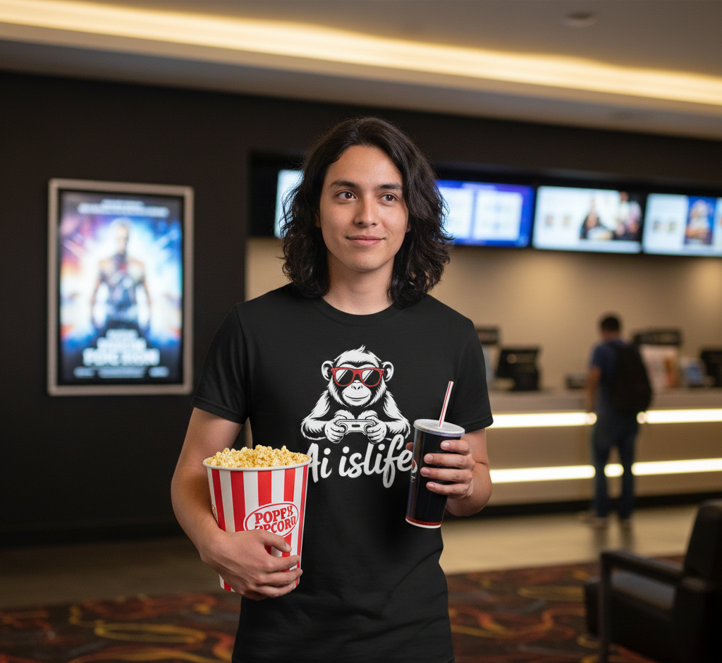 A young woman with black hair wearing a black t-shirt with a monkey graphic holding a game controller and the text 'It is life' in a movie theater lobby. She is holding a bucket of popcorn and a soft drink.