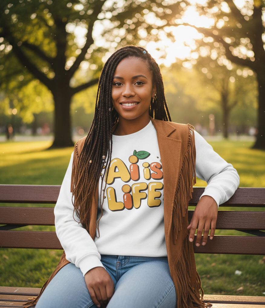 A young woman with braided hair smiling, sitting on a park bench during golden hour, wearing a white sweatshirt with colorful text and a brown fringed vest.