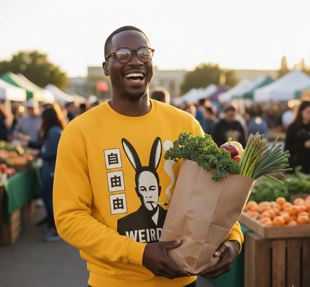 Man at outdoor farmers market holding a paper bag filled with vegetables including kale, scallions, and apples, smiling and wearing sunglasses and a yellow sweatshirt with a graphic of a rabbit and Japanese characters.