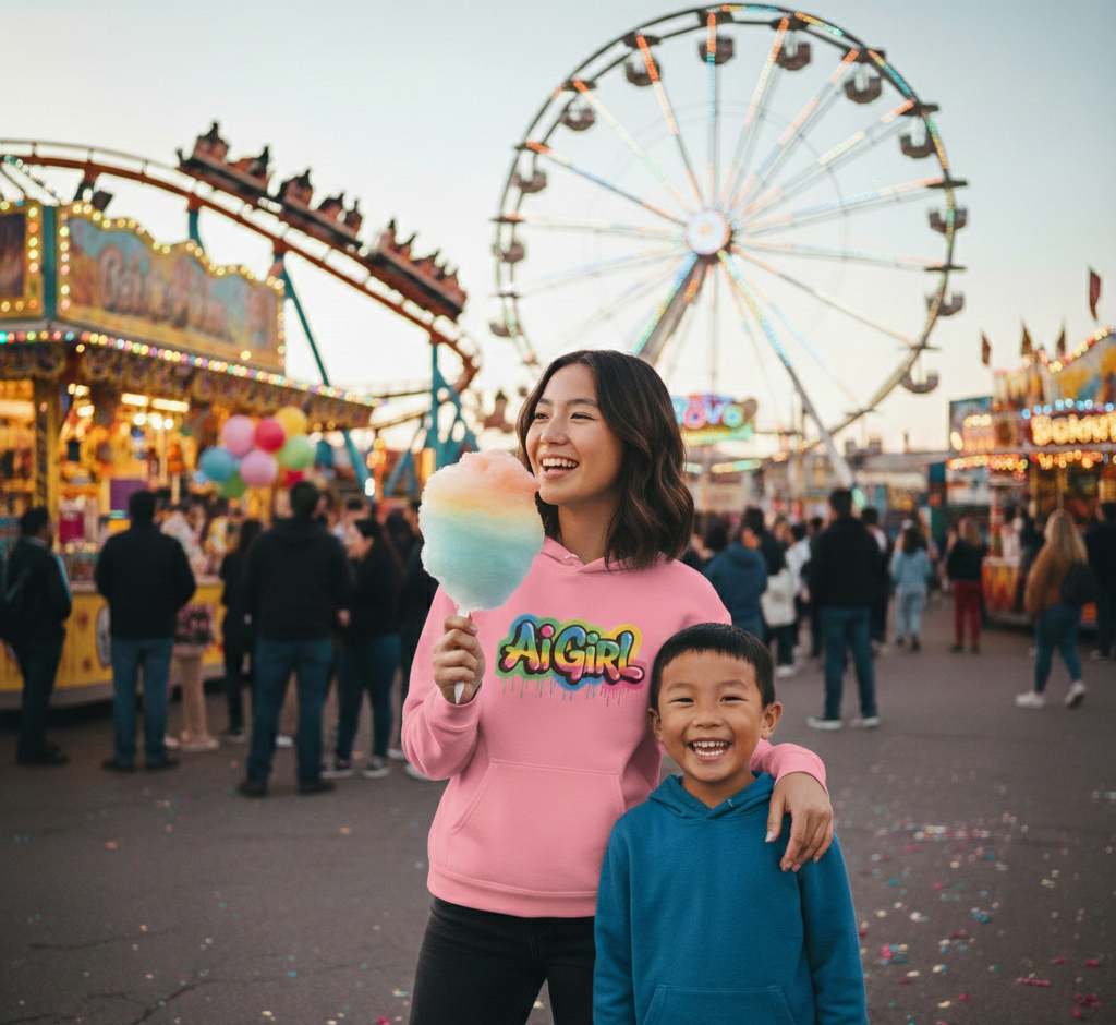 A smiling young woman and a boy enjoying a fairground, with a Ferris wheel and carnival rides in the background.
