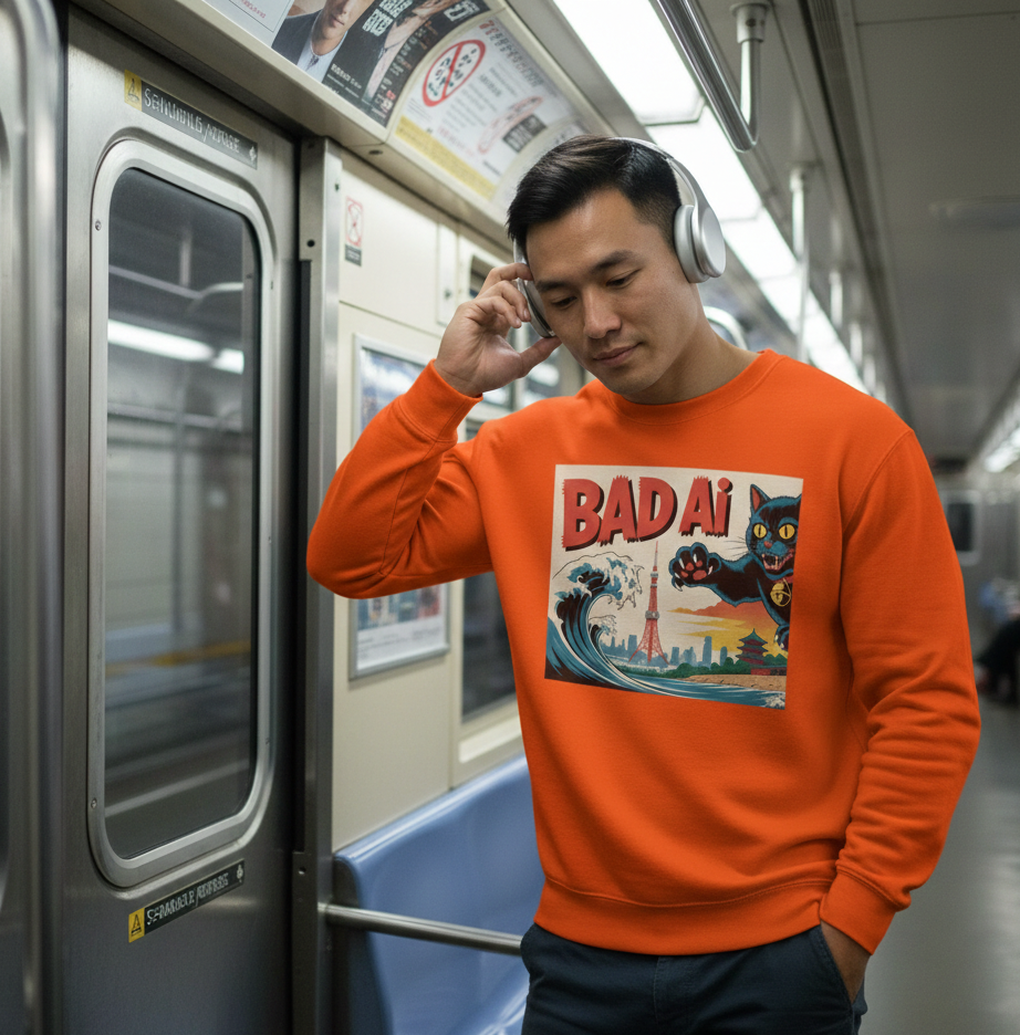Man wearing an orange sweatshirt with a graphic and the word "BADA" on a subway train.