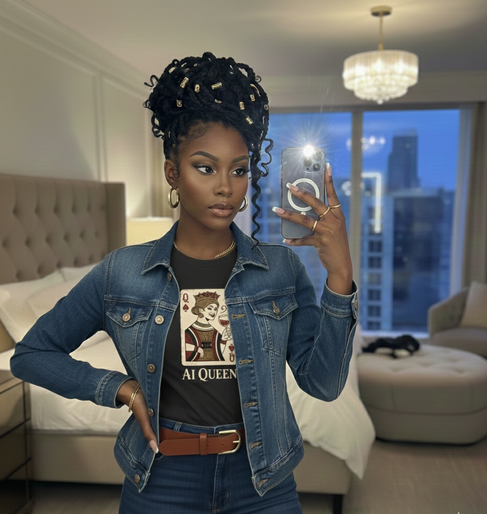 A young Black woman taking a mirror selfie in a hotel room, wearing a denim jacket, black graphic T-shirt, and jewelry, with a city skyline visible through the window in the background.