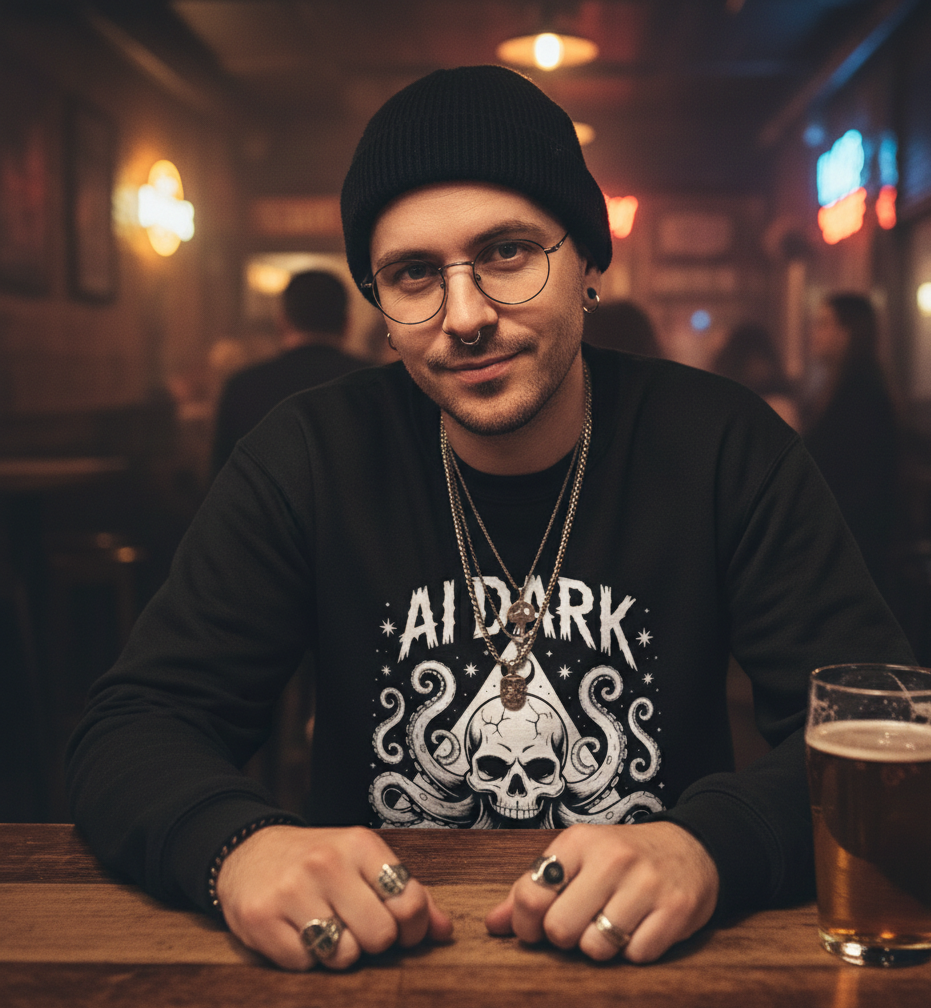 A young man with glasses, a black beanie, and jewelry sits at a wooden bar in a dimly lit pub, with a glass of beer in front of him. He wears a black sweatshirt with a skull and wave design and has a confident expression.
