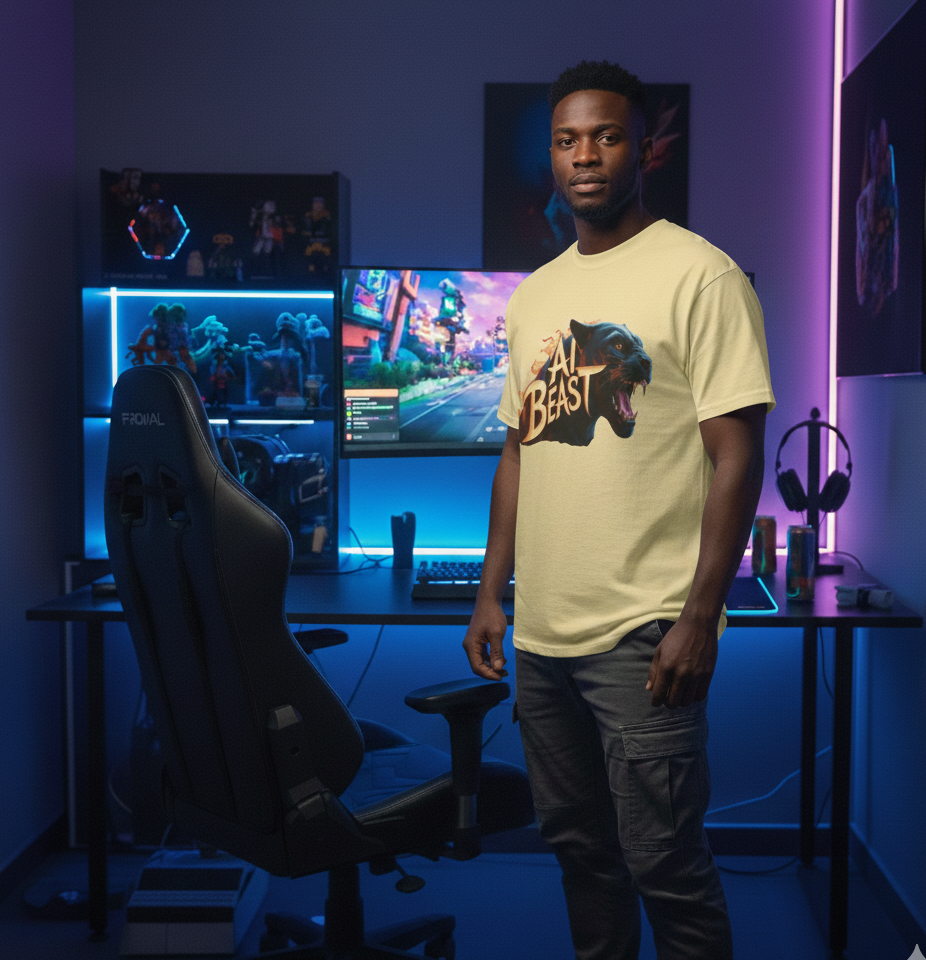 A young man standing in a gaming room with a computer setup, gaming chairs, and LED lighting.