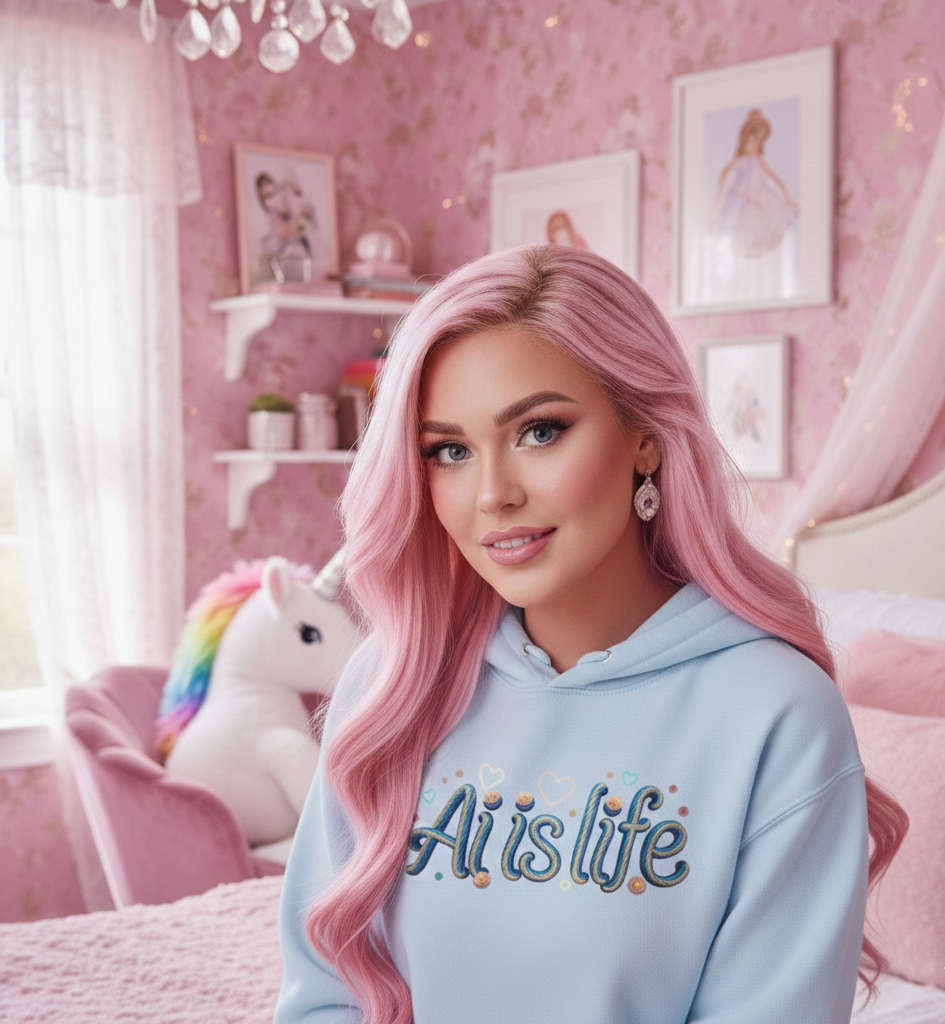 A young woman with long pink hair and earrings is smiling in a pink-themed bedroom. She wears a light blue hoodie with the words "Ais life" on it. The bedroom features pink wallpaper, framed artwork, a pink armchair with a rainbow plush unicorn, and 