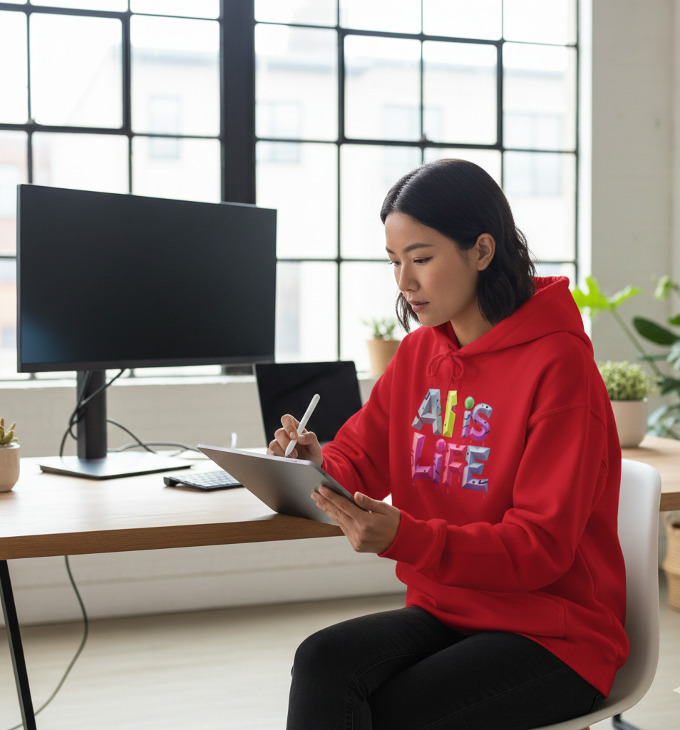 Young woman wearing a red hoodie with colorful letters, sitting at a desk with a computer, writing or drawing on a tablet in a bright, modern office with large windows and indoor plants.