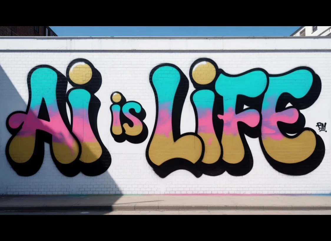 Graffiti mural on a white brick wall reading 'A is LIFE' in colorful, bubble-style letters with a black outline.