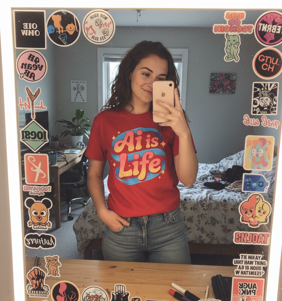 A young woman with curly hair taking a mirror selfie in her bedroom. She is wearing a red t-shirt that says 'Ali's Life' and blue jeans. The mirror is decorated with various colorful stickers and decals.