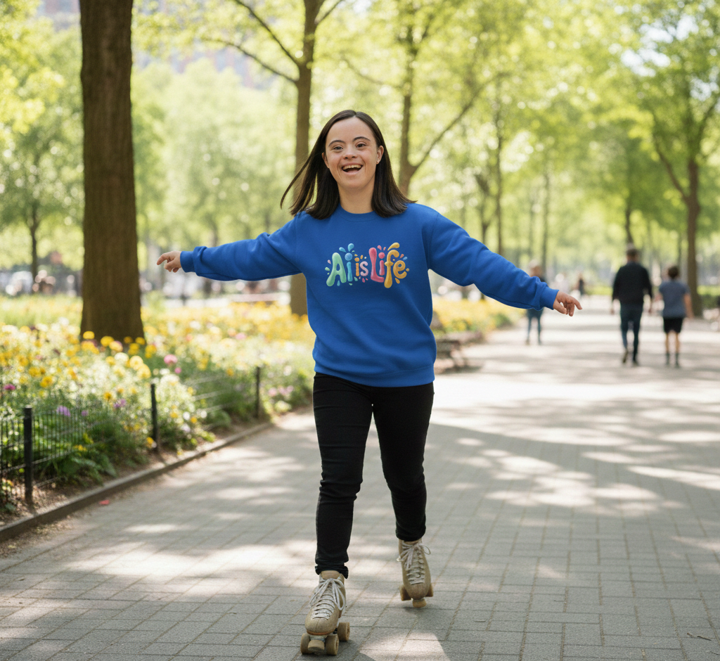 A young woman rollerskating on a paved path in a park, smiling with her arms outstretched, wearing a blue sweatshirt with 'All is Life' written on it, surrounded by trees and flowers.