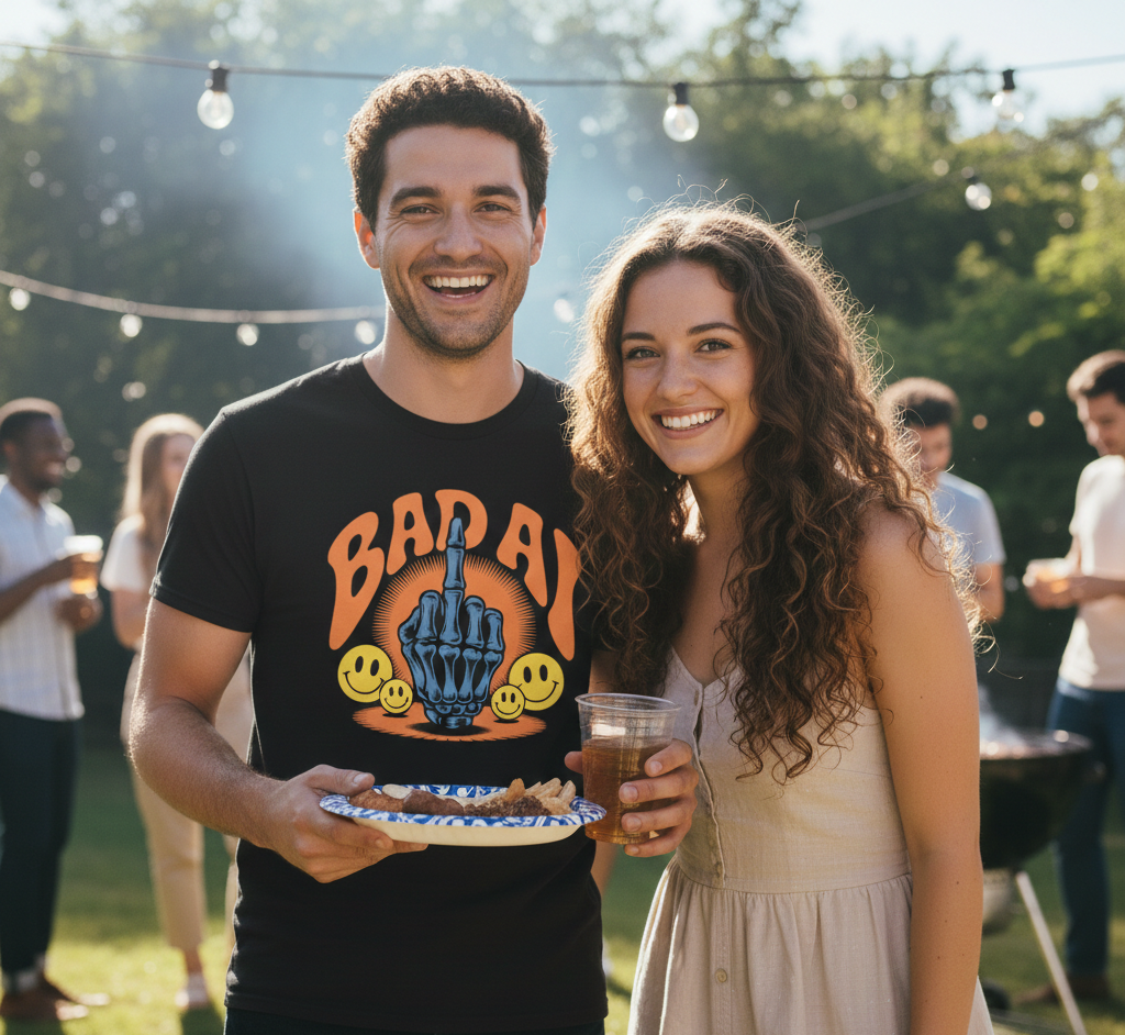 A man and woman smiling at an outdoor gathering, holding drinks, with string lights overhead and other people in the background.