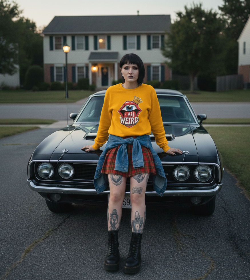 A woman with dark hair and tattoos standing in front of a black vintage car on a residential street at dusk, wearing a yellow sweatshirt with a graphic and a plaid skirt.