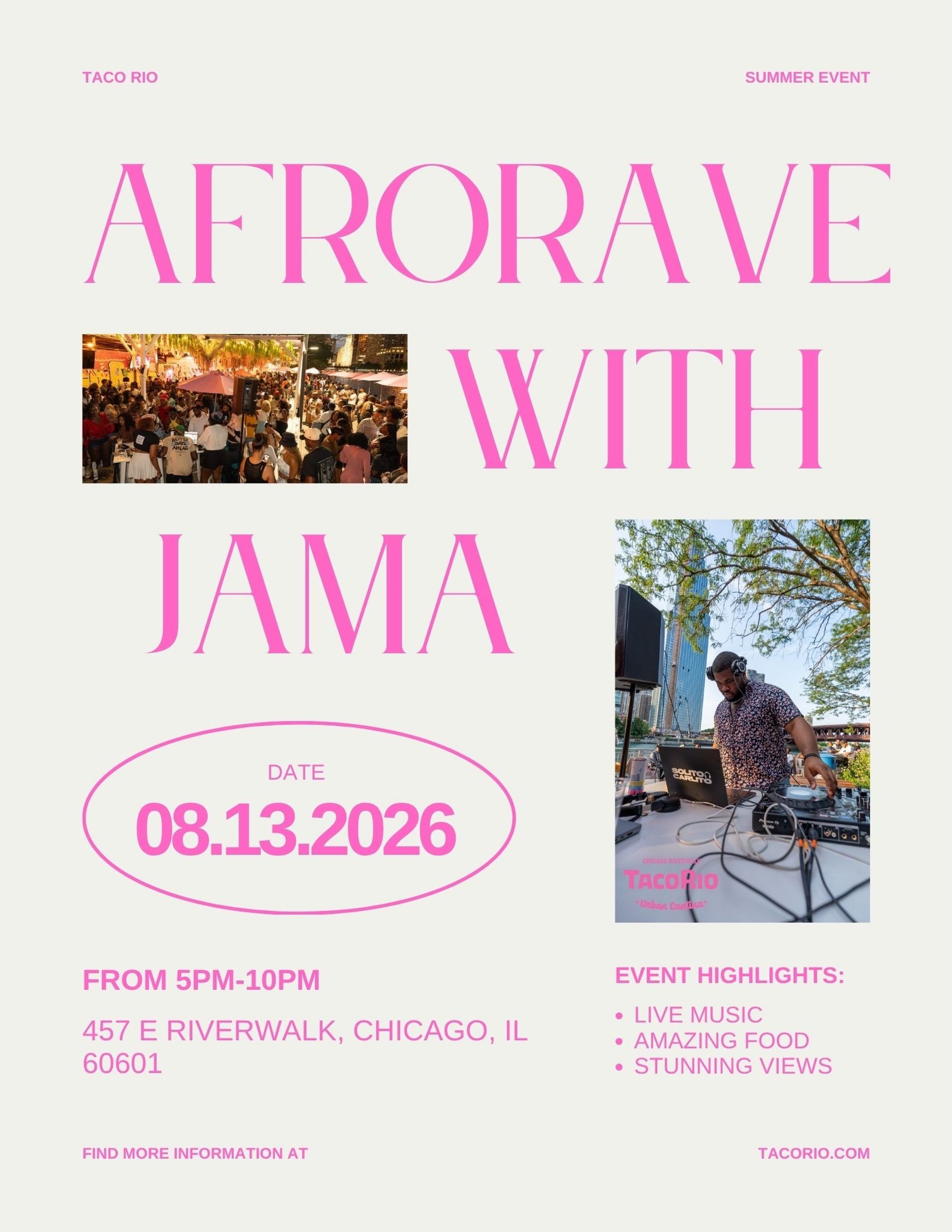 Come to TacoRio on August 13th to hear some great music, eat some great food, and see some gorgeous views!

#chicago #freeeventschicago #jama #tacorio #chicagoriverwalk