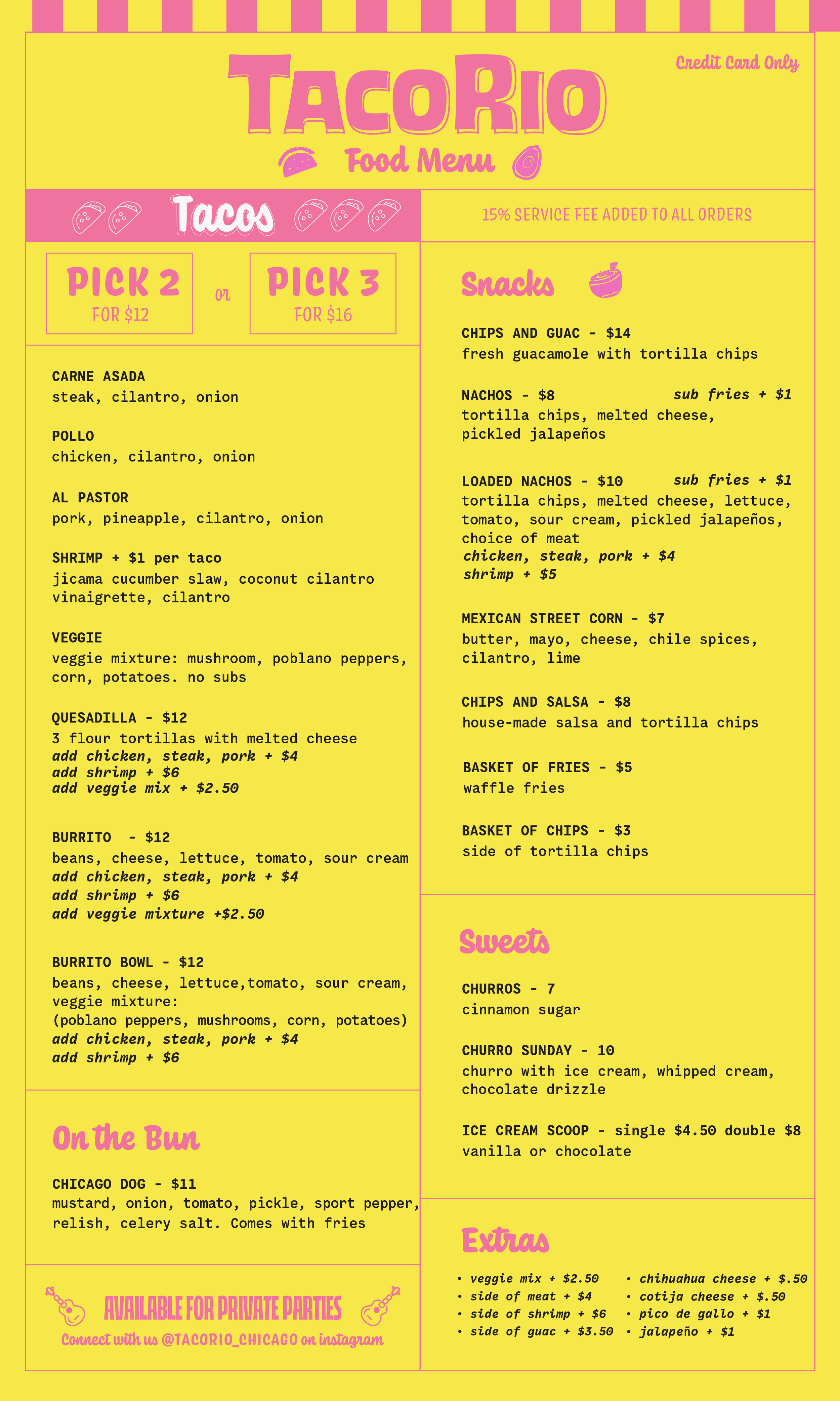 Tacorio food menu with a yellow and pink color theme, listing various tacos, snacks, sweets, and extras, including prices and options for customization.