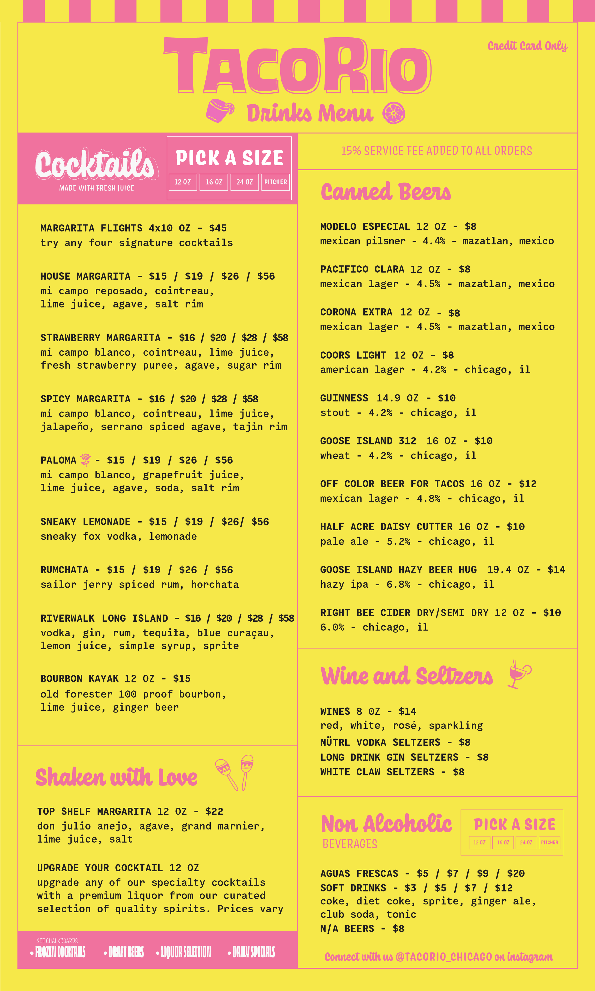 Colorful taco rios drinks menu with sections for cocktails, canned beers, wines and seltzers, and non-alcoholic beverages. It has a bright yellow background with pink text and headings.