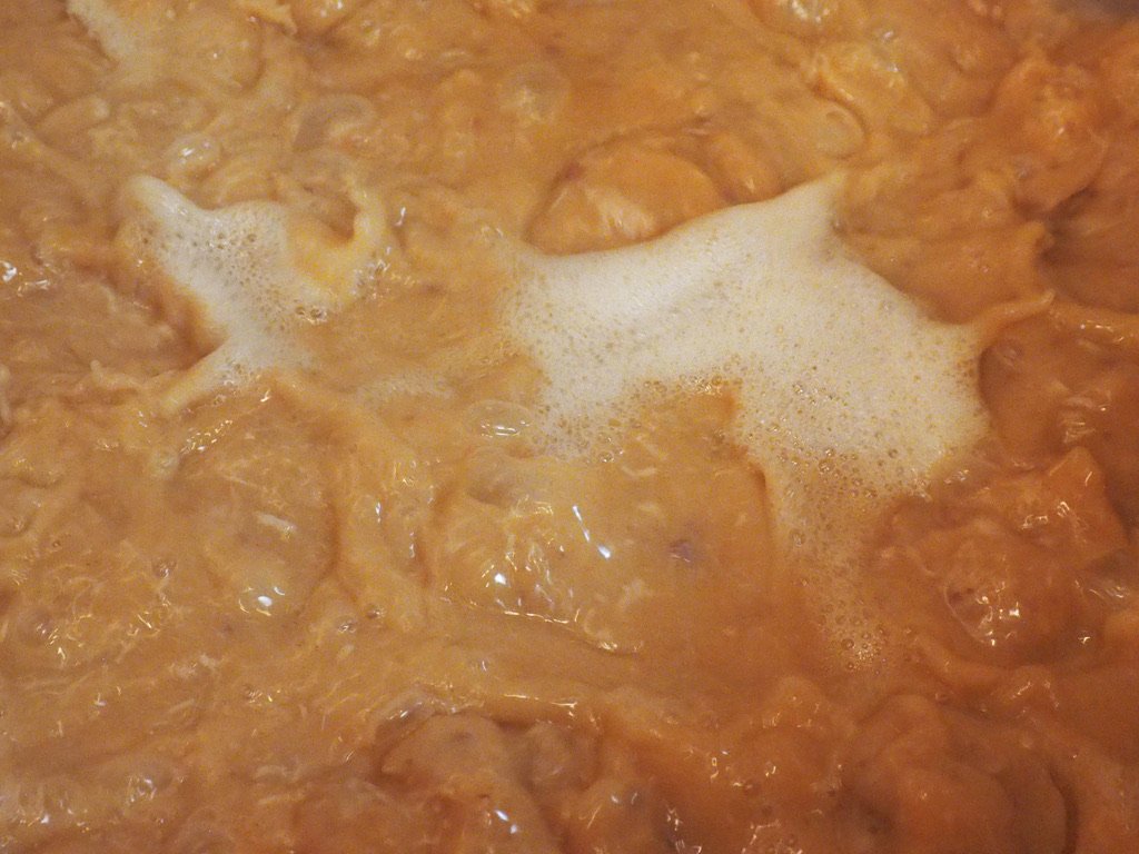 A close-up of cooked chicken in a creamy, orange-colored sauce with bubbles.