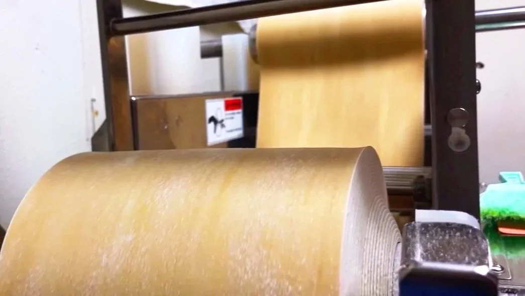 Close-up of pasta being rolled out by a pasta machine.