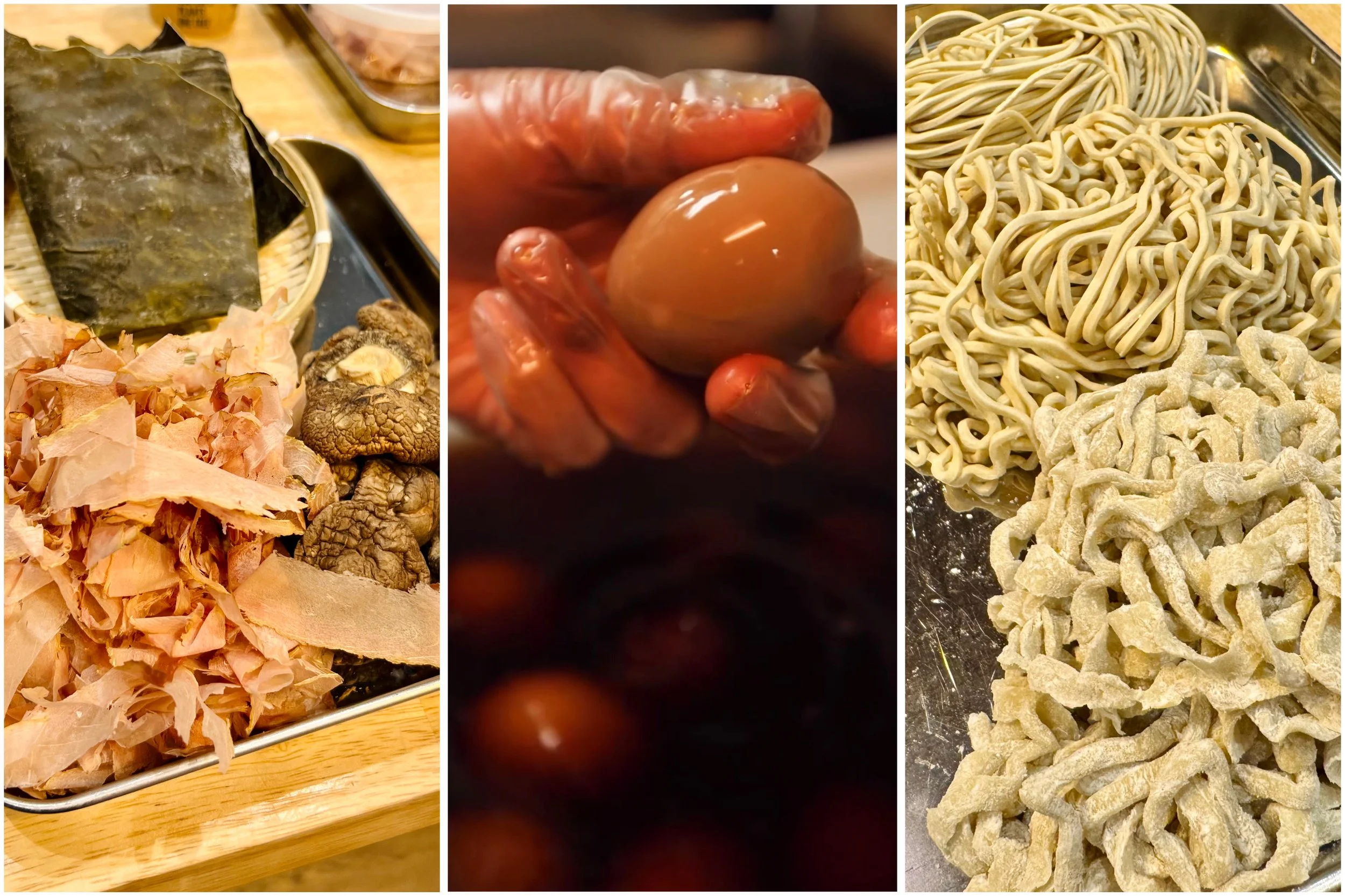 Ingredients for making ramen: dried seaweed, dried shiitake mushrooms, dried bonito flakes, marinated eggs, fresh noodles, and dried noodles.