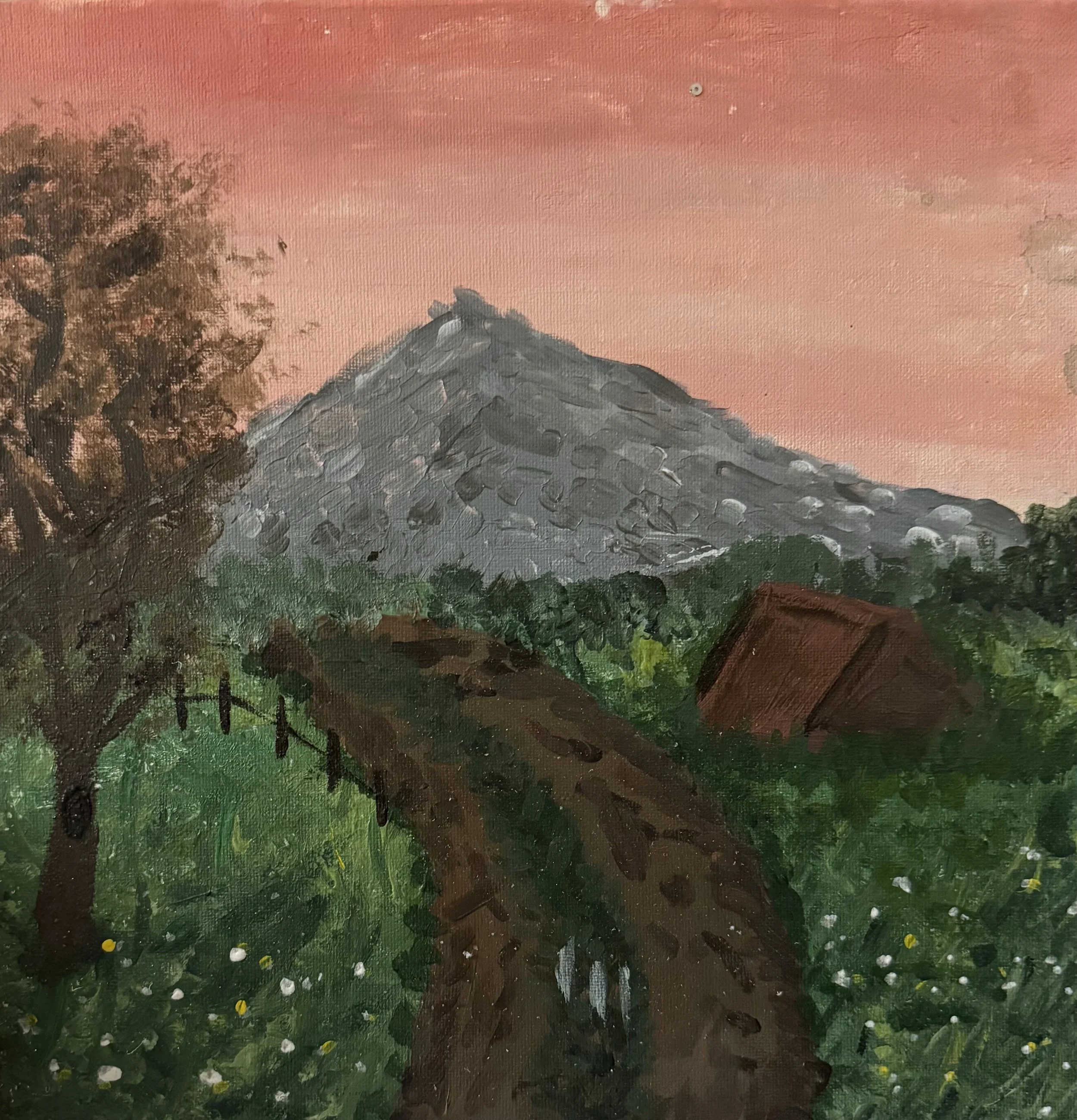 A painting of a mountain with a pink sunset sky, green trees, a dirt path, a brown barn, and a large tree on the left.