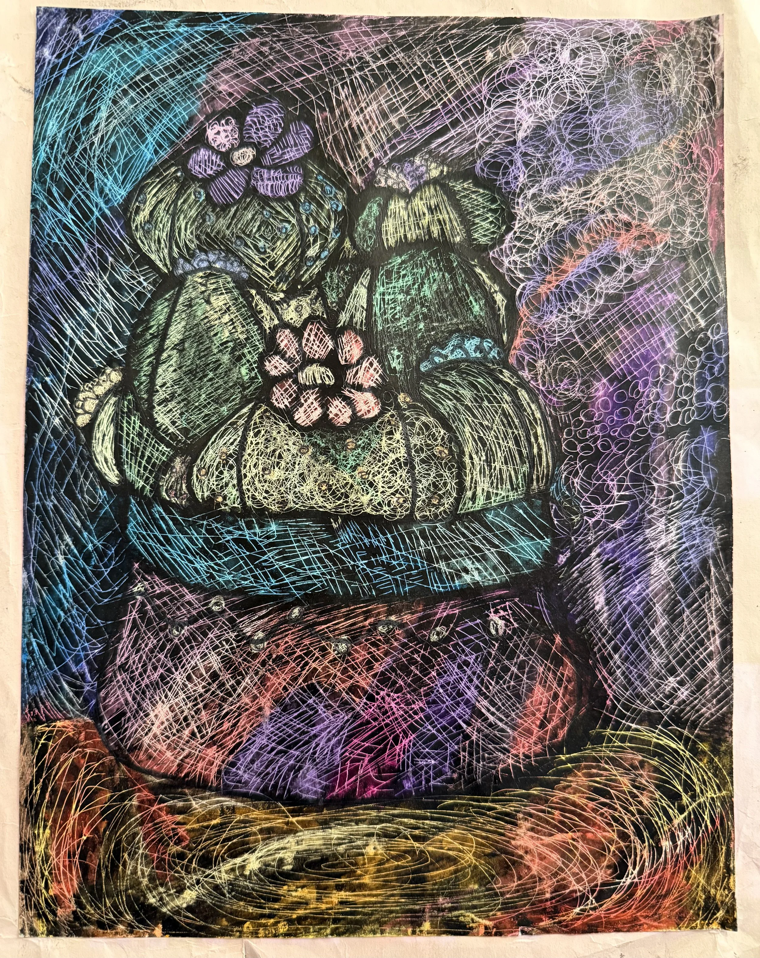 Colorful chalk drawing of a human stomach with flowers and colorful swirling background.