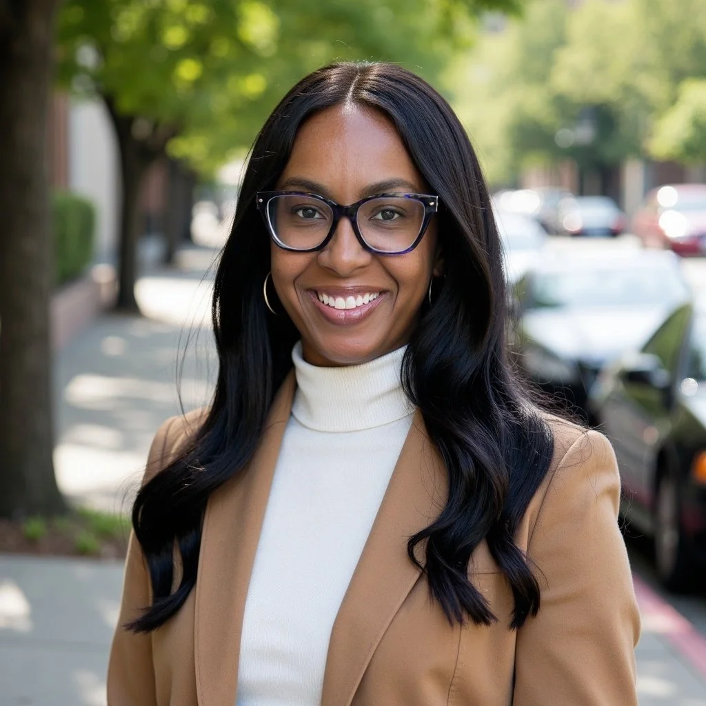 A woman with long black hair, glasses, and hoop earrings smiling outdoors on a sidewalk lined with trees and parked cars.